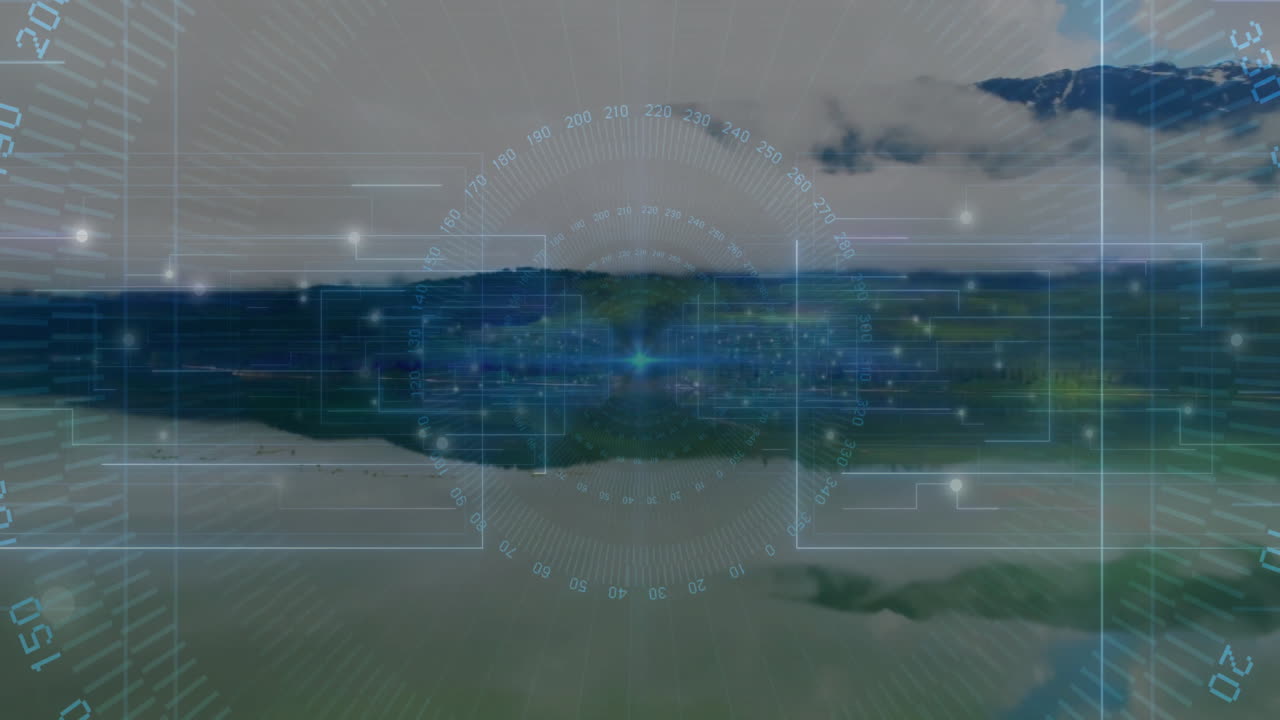 HUD overlay showing mountain lake reflection, featuring circular degree gauge, glowing data nodes