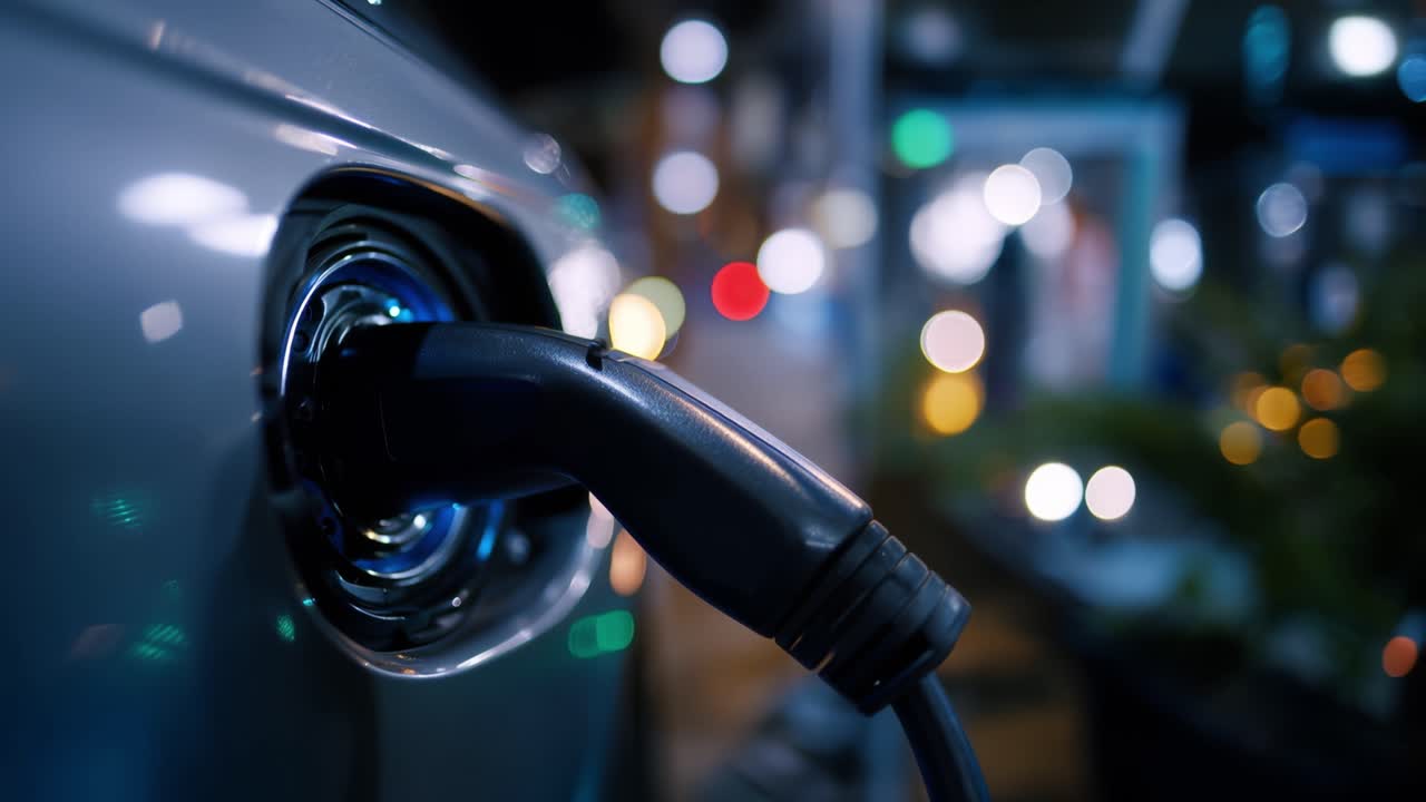 Mavi Işıklı Gösterge ile Gece Şarj Olan Elektrikli Otomobil