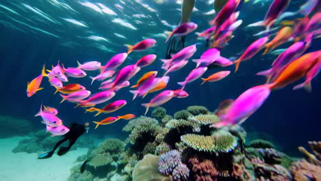 colorful fish and divers at a coral reef