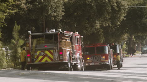 fire trucks and firefighters on a road