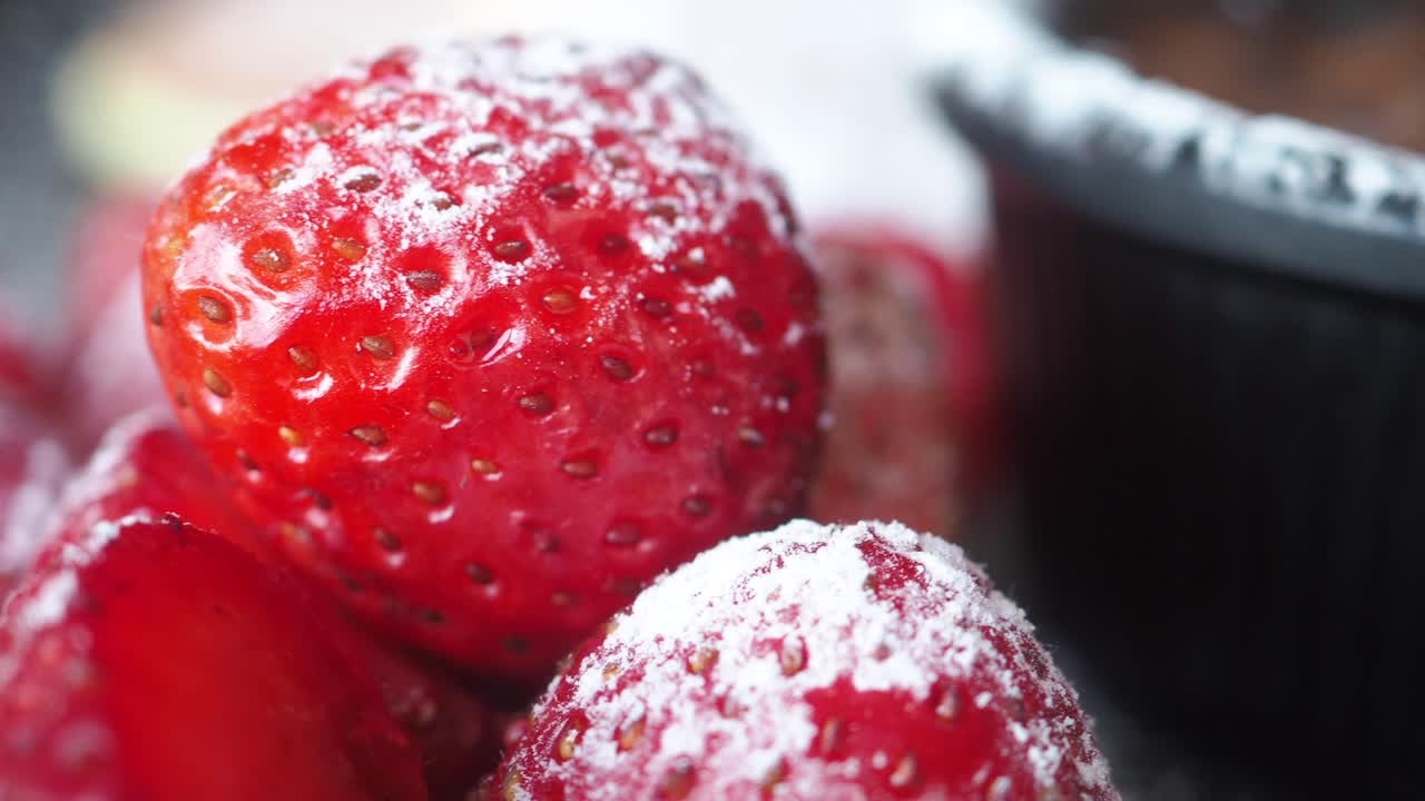 Close-up of Strawberries Dusted with Powdered Sugar