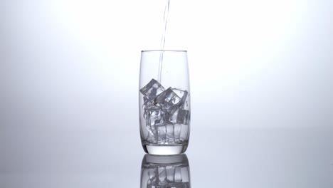 pouring water with ice into a glass