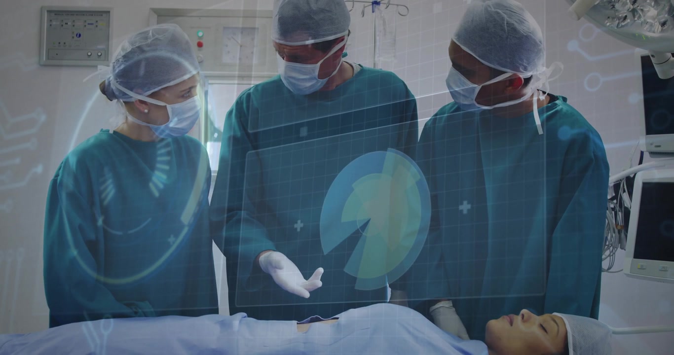 Bestuderen van holografisch medisch scherm, chirurgisch team markeert de buik van de patiënt voor een precieze incisie