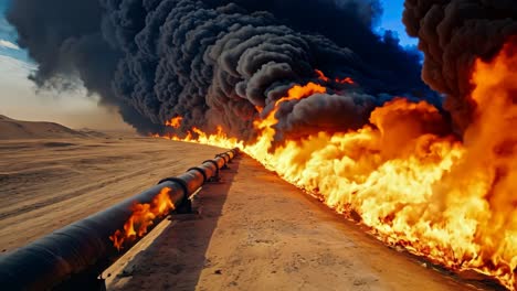 a large pipe in the middle of a desert with a large amount of black smoke coming out of it