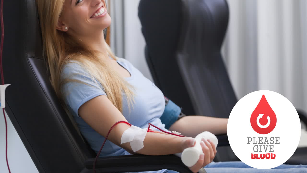 Animazione del testo 'per favore dona il sangue' con logo di freccia in goccia, sovrapposta a una donatrice felice che dona il sangue