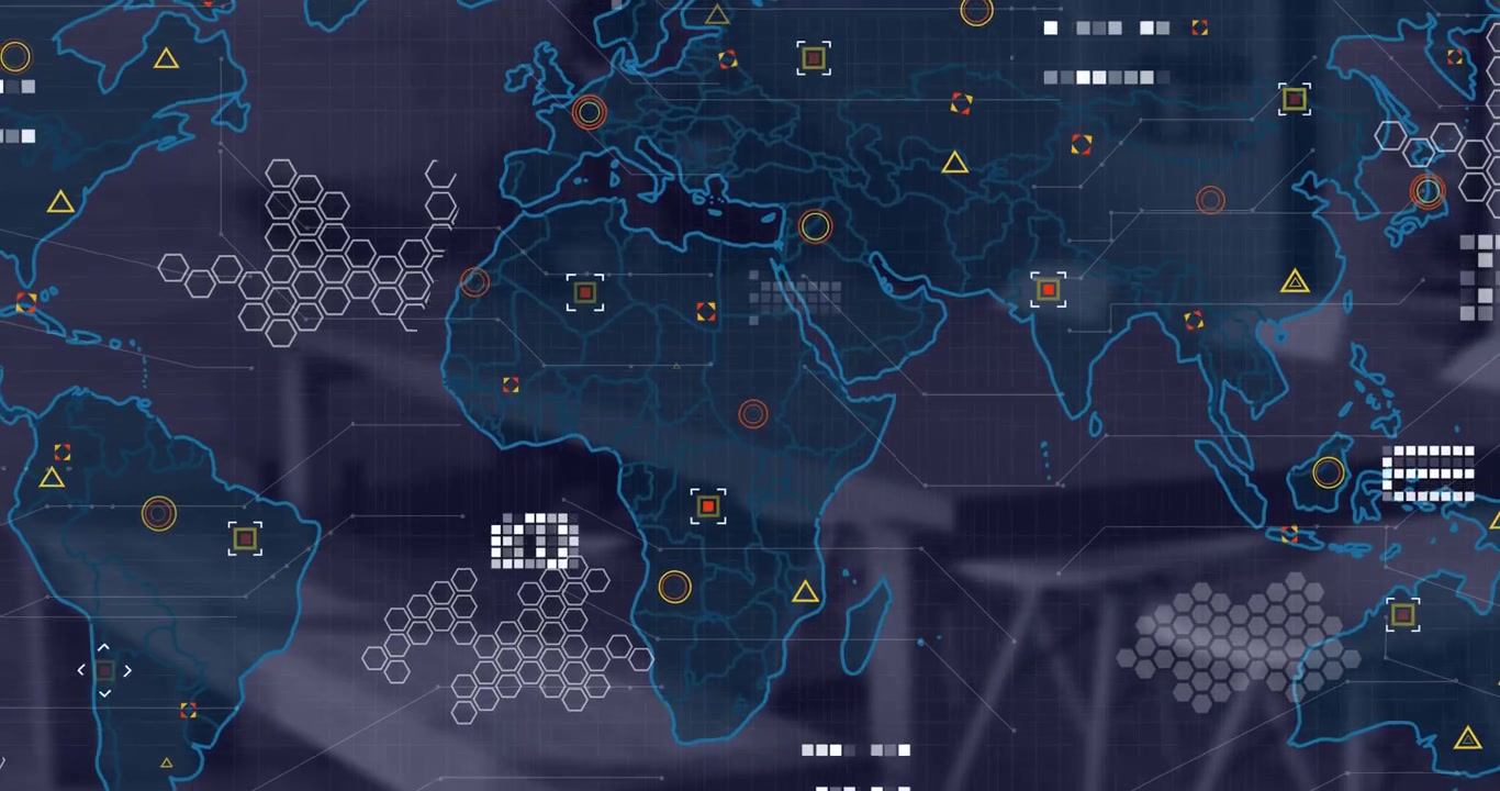 Animation of financial data processing and world map over desk in office