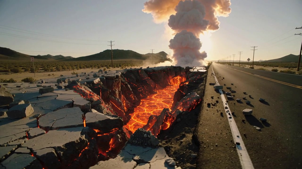 Grande fessura nel terreno che si apre e si allarga lungo un'autostrada nel deserto, causata da lava fusa che espelle detriti.