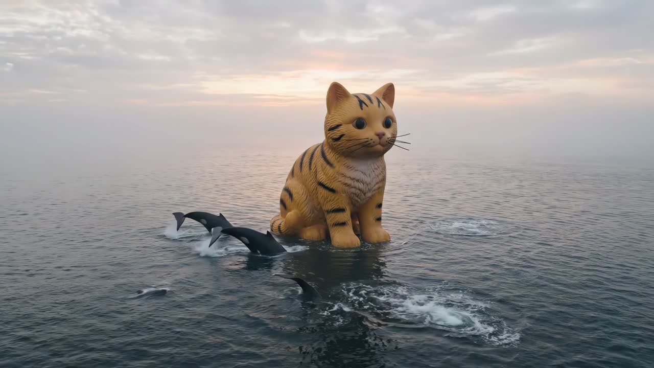 Scultura gigante di gatto in un oceano nebbioso con balene