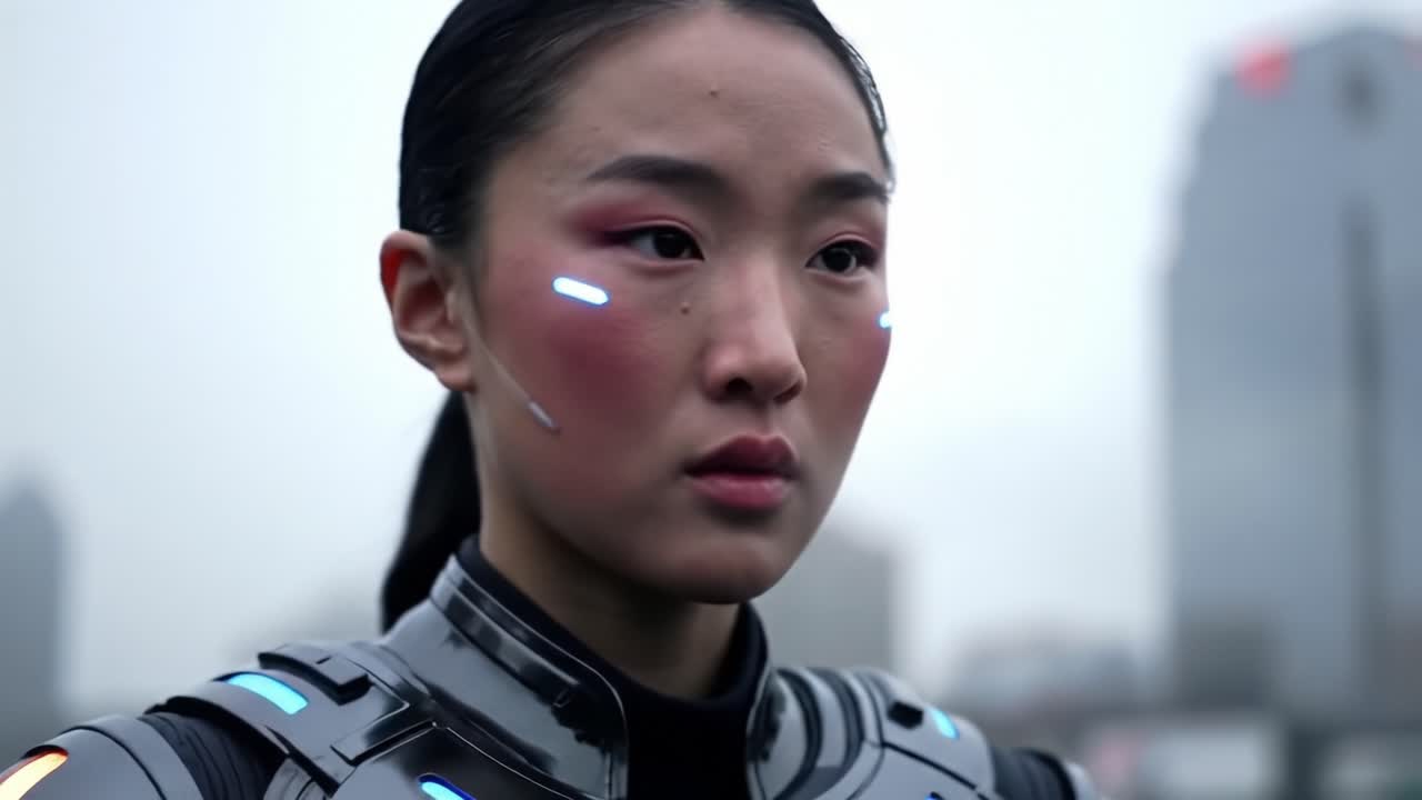 Futuristic Female Character in High-Tech Outfit Stares Intently at Distant Cityscape, Highlighting Advanced Lighting Effects and Intricate Facial Details in a Sci-Fi Setting