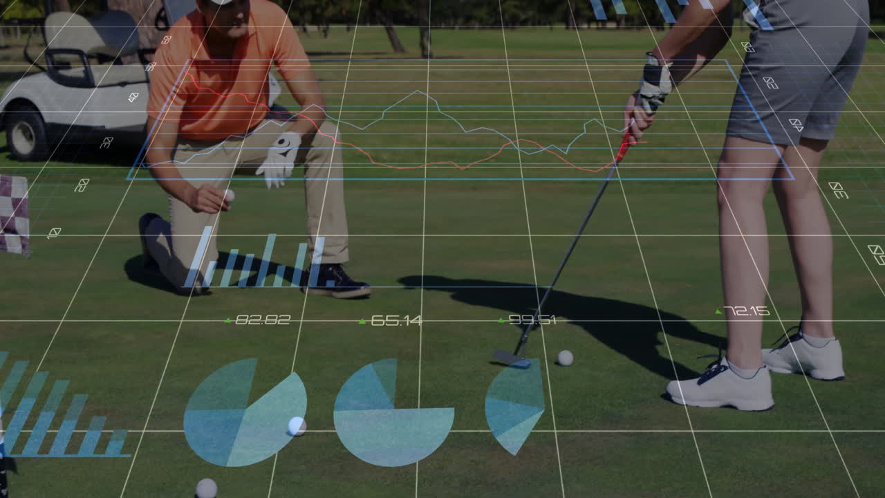 Pair of golfers kneeling and preparing putt on green with animated business graphs showing metrics