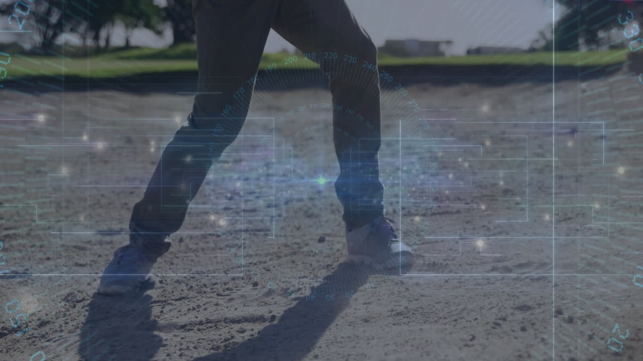 Male golfer stepping in sand bunker, showcasing sports technology HUD overlay with data grids