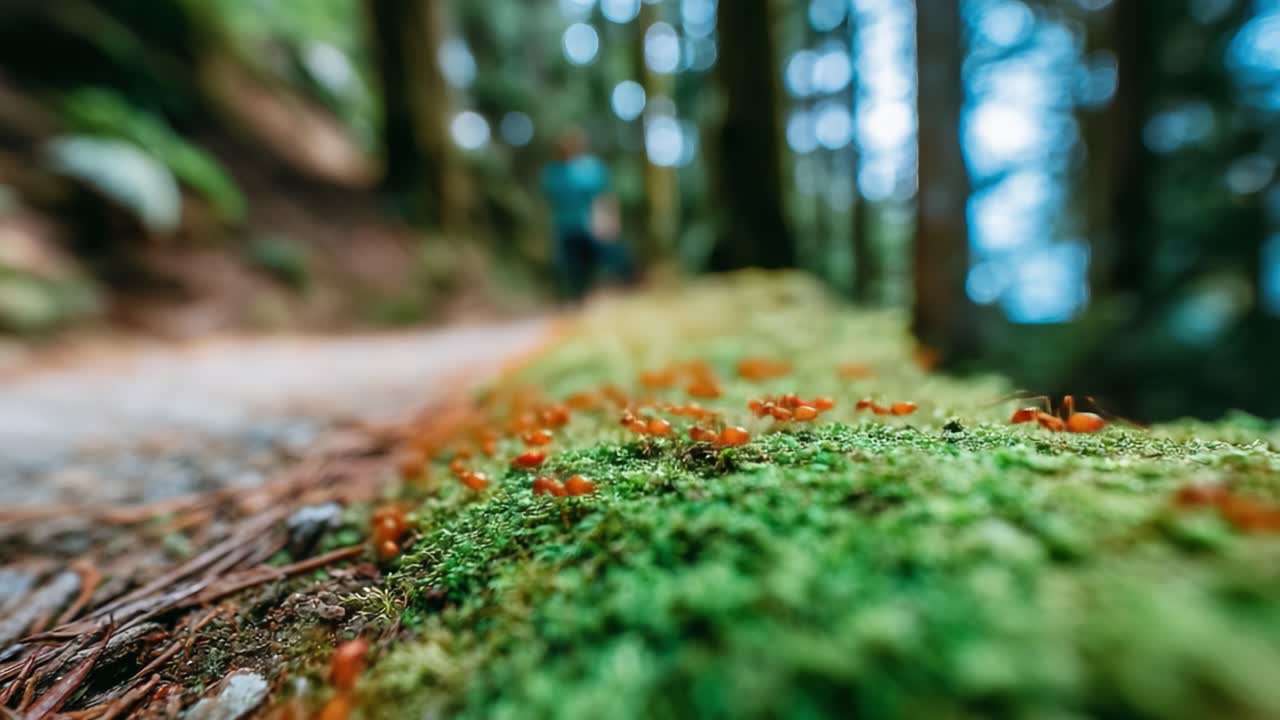 A Close-Up View of Ants on a Moss-Covered Log in a Serene Forest Path, Showcasing Nature's Intricacies Amongst Tall Trees and Soft Background Blur