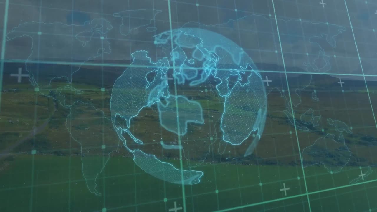 Animation of globe and network of connections over landscape