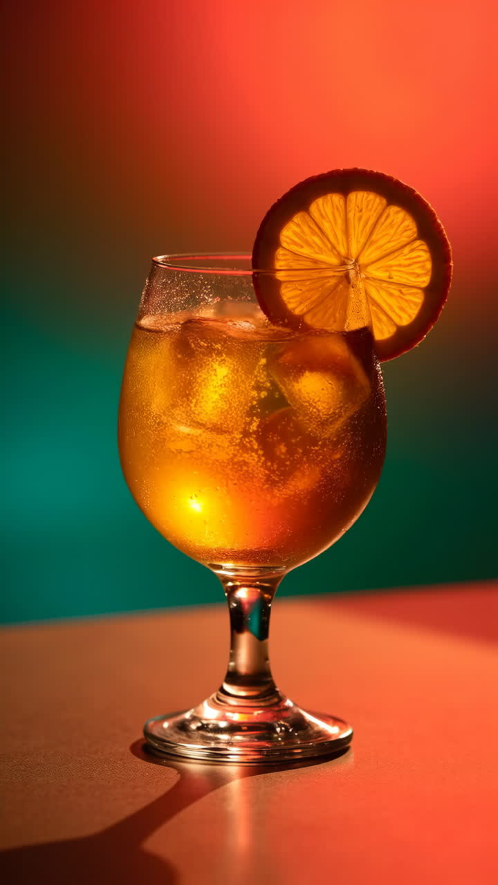 A vibrant cocktail with an orange slice and ice cubes