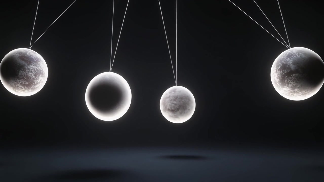 Glowing Moon-Like Spheres Swinging in Newton's Cradle Motion