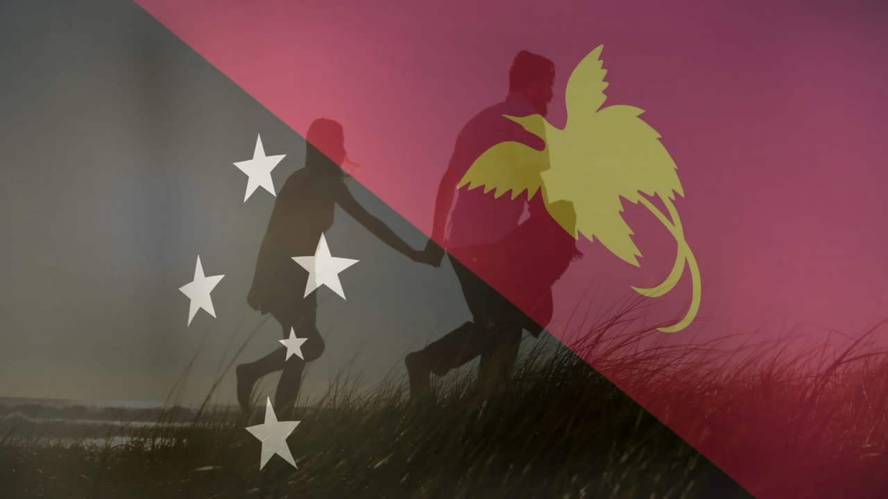 Walking through grass, couple with Papua New Guinea flag animation overlay