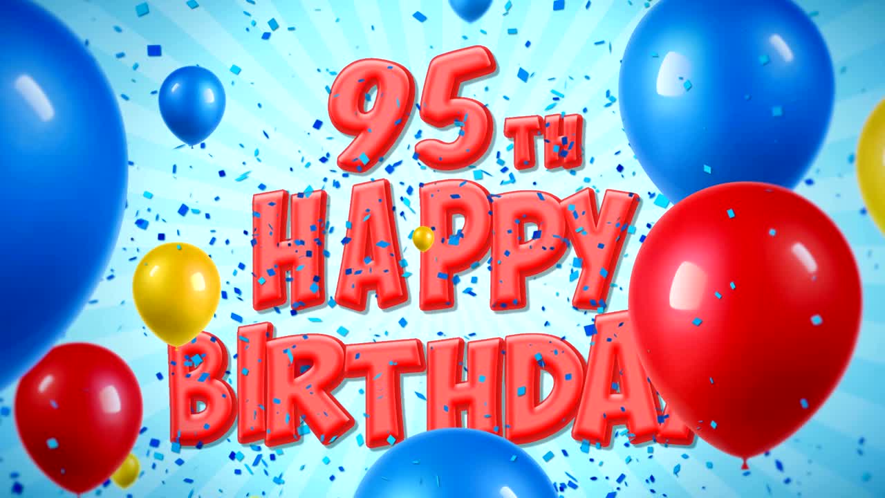 95번째 생일 축하 은 텍스트는 콘페티 팝퍼 폭발, 떨어지는 반이는 입자, 다채로운 날아다니는 풍선, 소원, 인사, 파티, 초대, 카드에 대한 원활한 루프 애니메이션에 나타납니다.