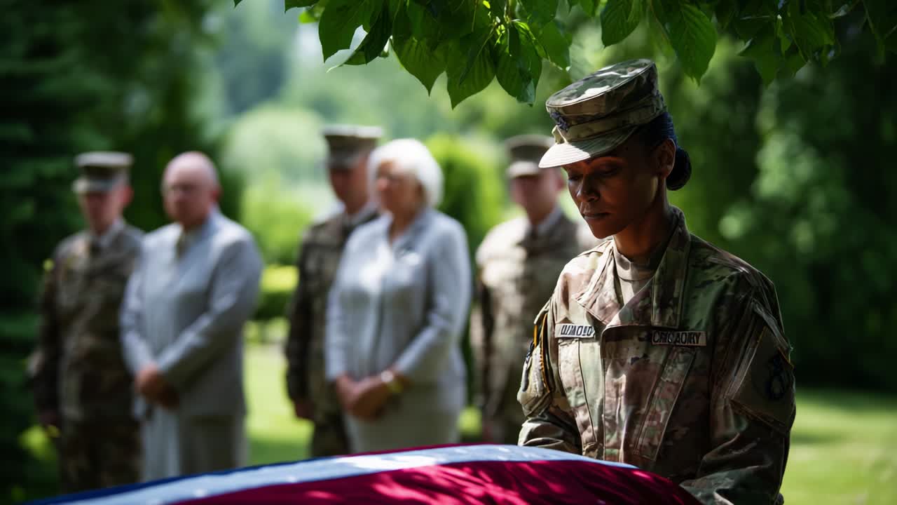 A solemn military ceremony honoring fallen service members, capturing the emotional moment as a soldier respectfully prepares to pay tribute while surrounded by fellow comrades and grieving family members