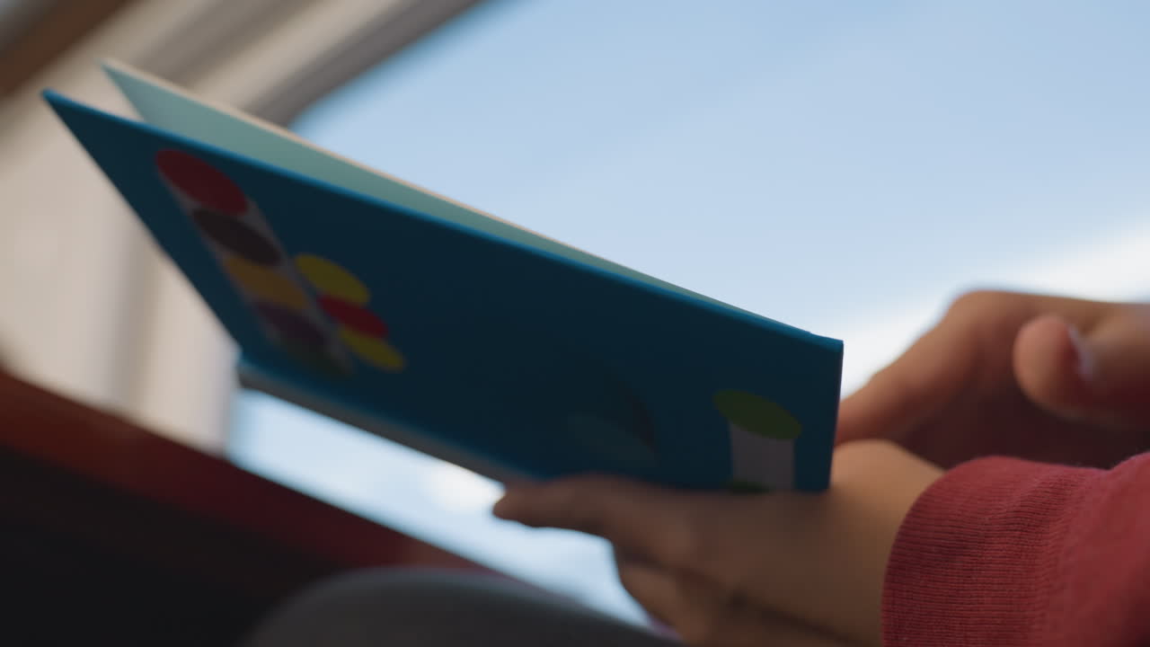 Scena accogliente con una persona seduta accanto a una finestra soleggiata, che tiene in mano un libro blu e vivace. Un primo piano del libro e una vista laterale che mostra il grembo con un quaderno.