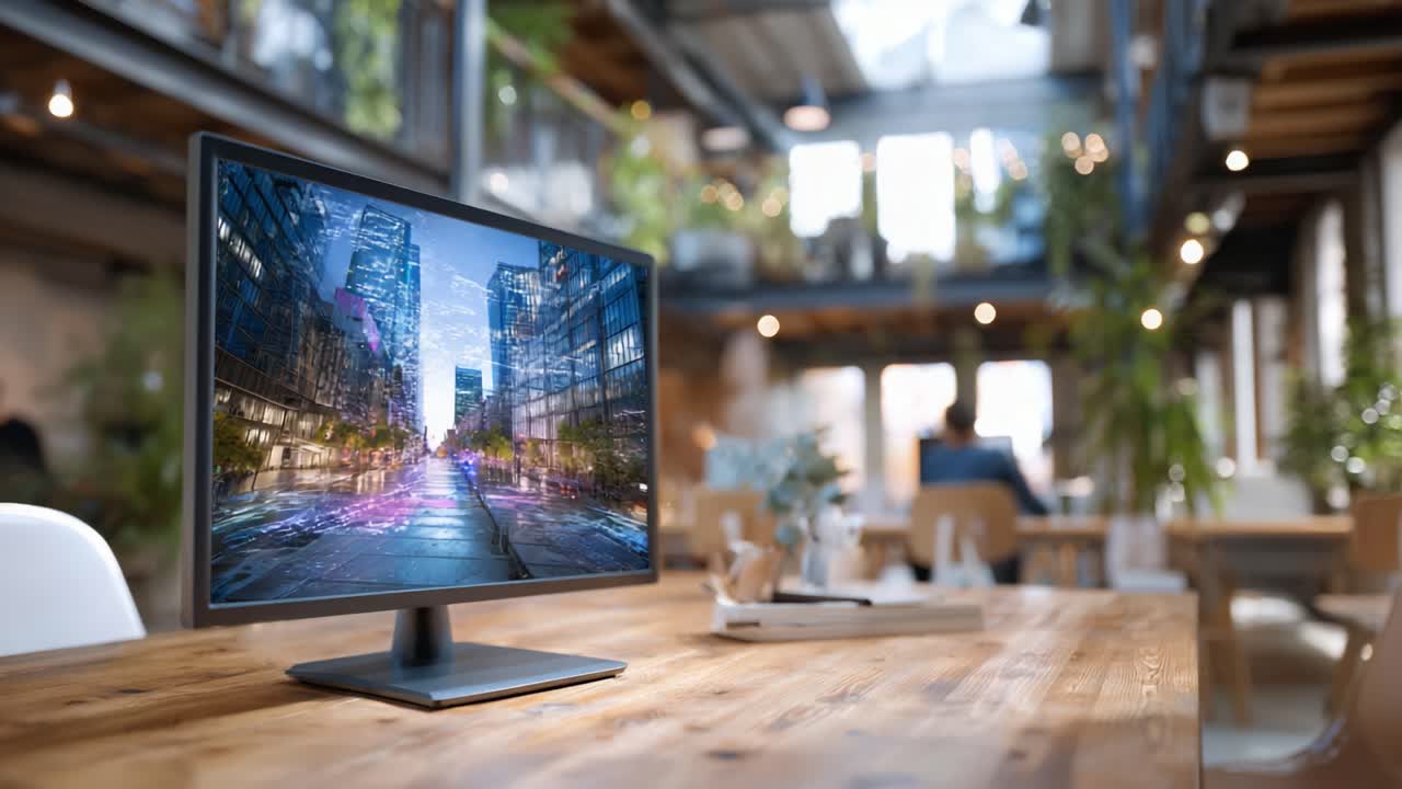 Un'area di lavoro moderna con un elegante monitor che mostra una vivace scena cittadina con luci colorate, ripresa in un ambiente ufficio luminoso e di stile