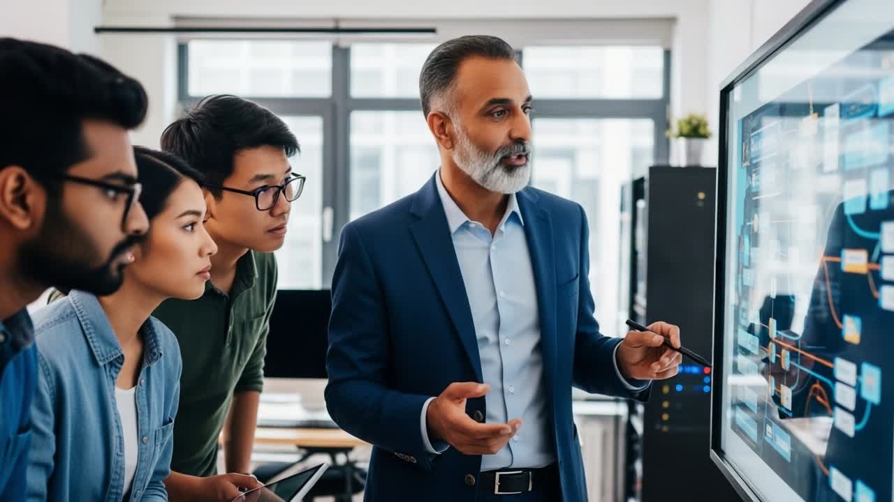 A diverse group of professionals engaging in an interactive presentation, focused on data analysis and digital insights. The scene highlights collaboration, innovation, and teamwork in a modern office environment