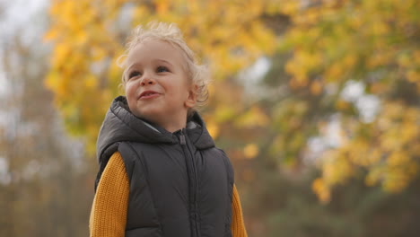 portrait of child at nature at autumn day against yellowed trees weeknd walk in park medium shot of happy little boy