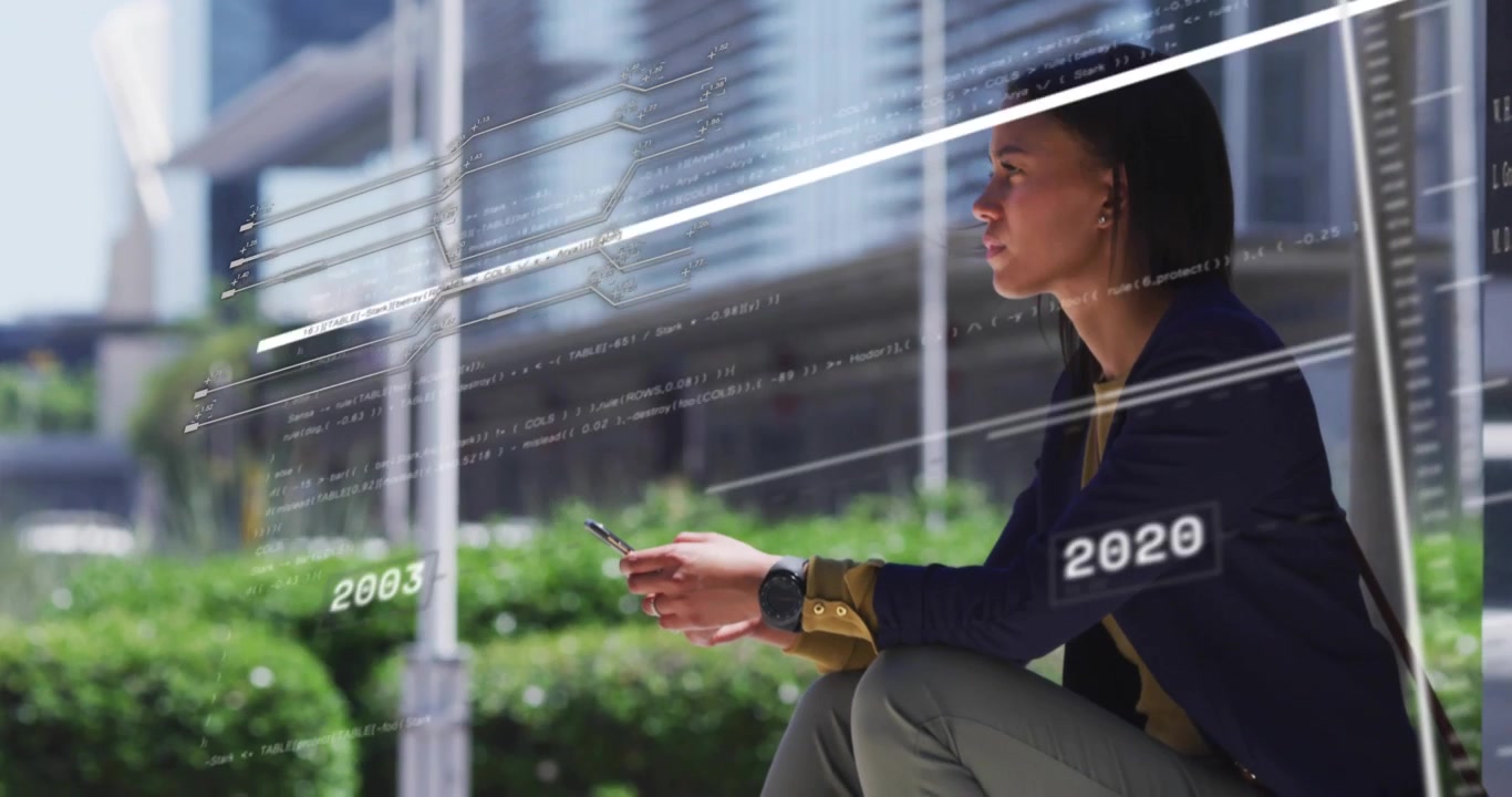 Businesswoman lifting smartphone, tapping screen animating business timeline backward and forward