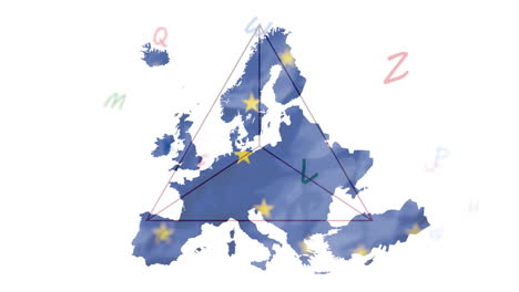 animation of european union flag stars and map of europe with letters on white background