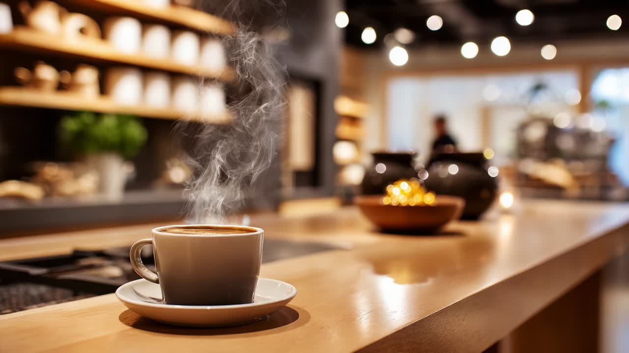A serene and inviting coffee shop scene featuring a steaming cup of coffee on a wooden countertop, exuding warmth and comfort, showcasing a well-designed interior that emphasizes relaxation and enjoyment