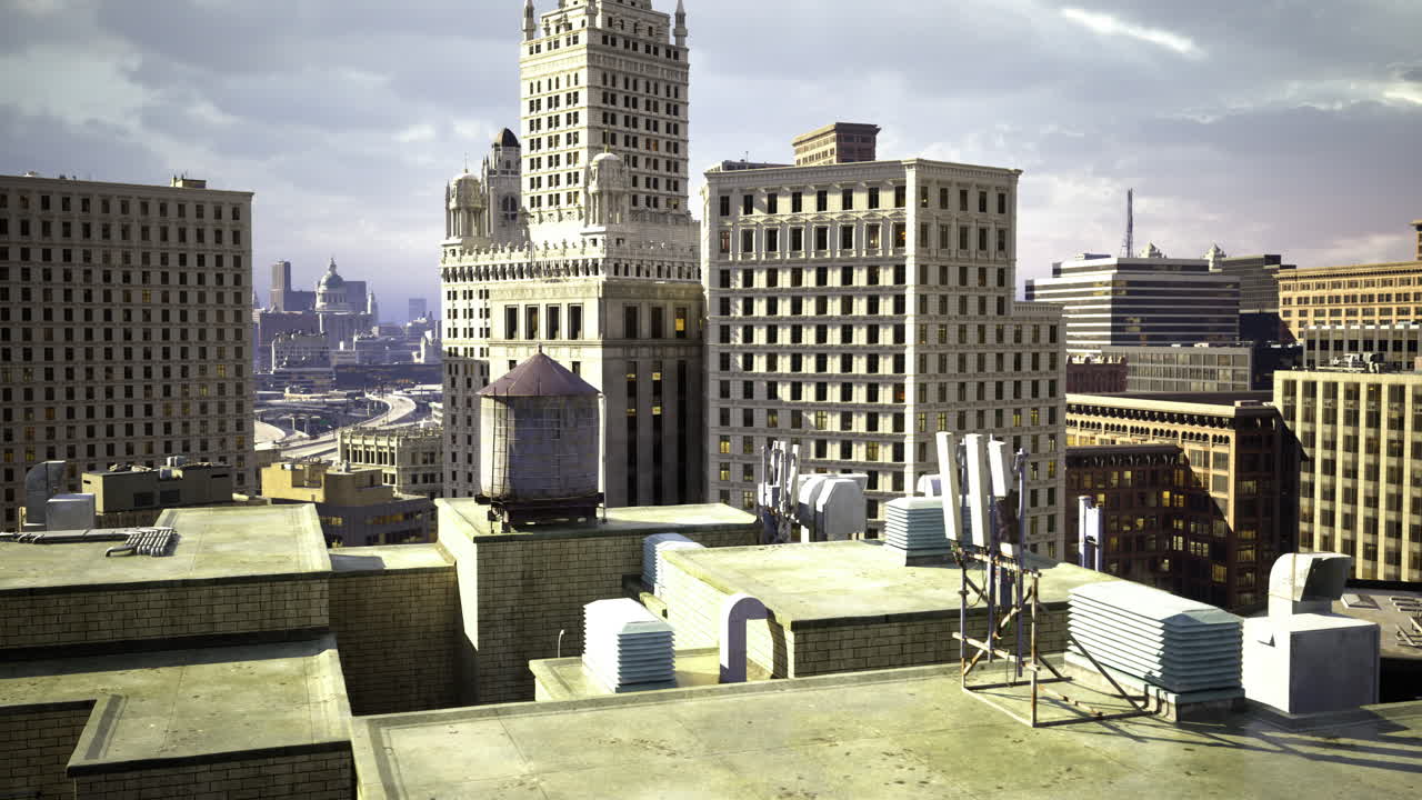 Tall buildings and rooftops in a city skyline during the daytime