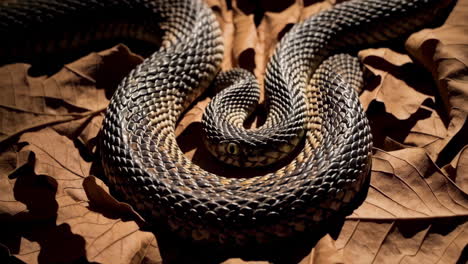 coiled snake on dry autumn leaves