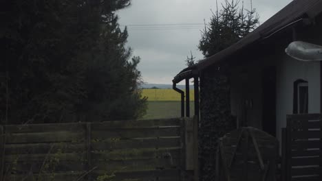 Tranquilidad-Al-Anochecer-En-Una-Casa-De-Campo-Con-Un-árbol-En-Polonia,-Plano-Medio