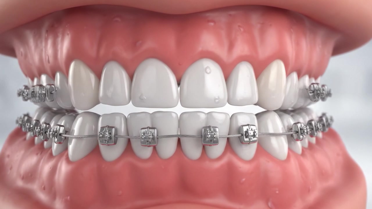 Detailed View of Dental Braces Fitting on Upper and Lower Teeth for Orthodontic Treatment and Alignment in a Professional Dental Setting