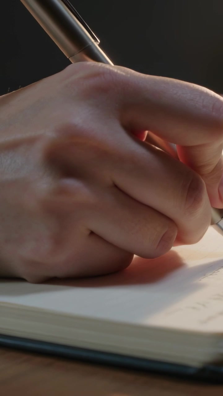 Vertical video: Reaching right hand opening notebook at home searching pages and writing with pen