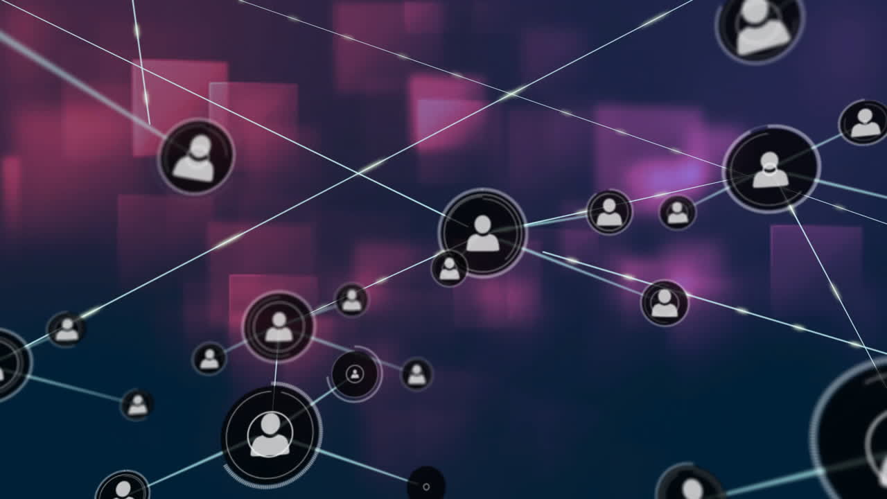 animación de la red de iconos de usuarios conectados sobre un fondo púrpura y azul