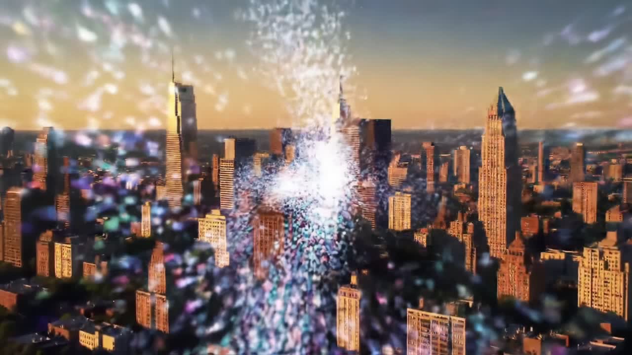 A Stunning Display of Vibrant Explosions Over a Bustling Urban Skyline at Dusk, Showcasing the Dynamic Energy and Colors of City Life