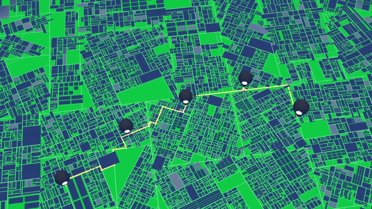 Blue mosaic filling frame, markers appearing initiating golden route linking waypoints, transparent