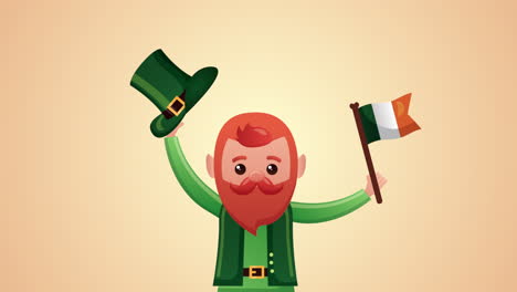 tarjeta animada del día de san patricio con un elfo y la bandera de irlanda