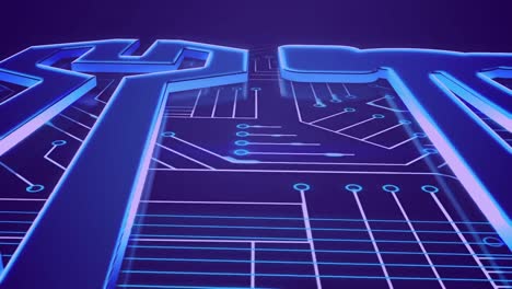 Animation-of-light-trails-over-microprocessor-connections-against-blue-background