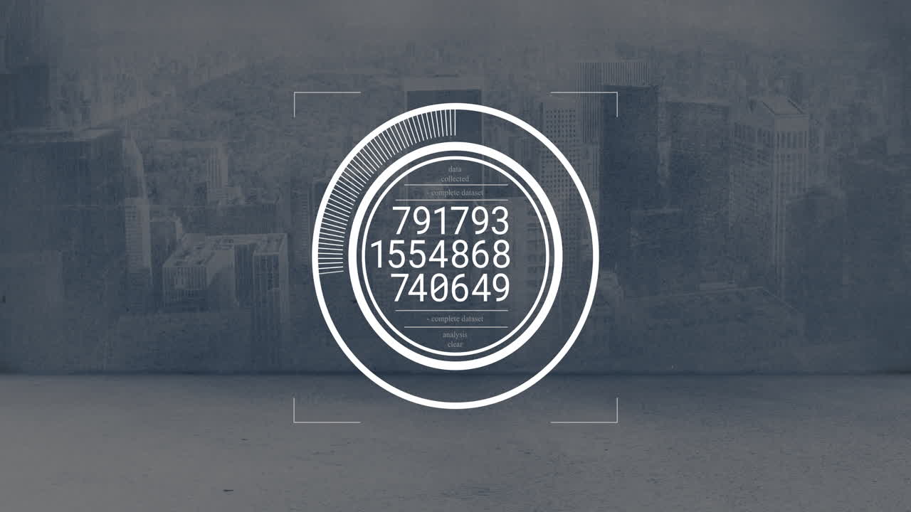 Flat design showing concentric circles with radial progress bar animating over misty urban skyline
