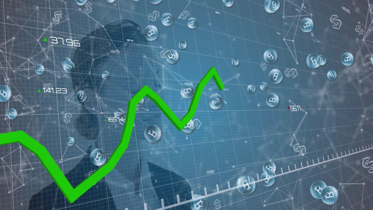 animación de la línea verde, procesamiento de estadísticas con bitcoins sobre mujer de negocios