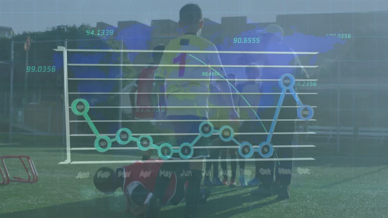 animación de estadísticas y procesamiento de datos sobre diversos jugadores de fútbol en el campo