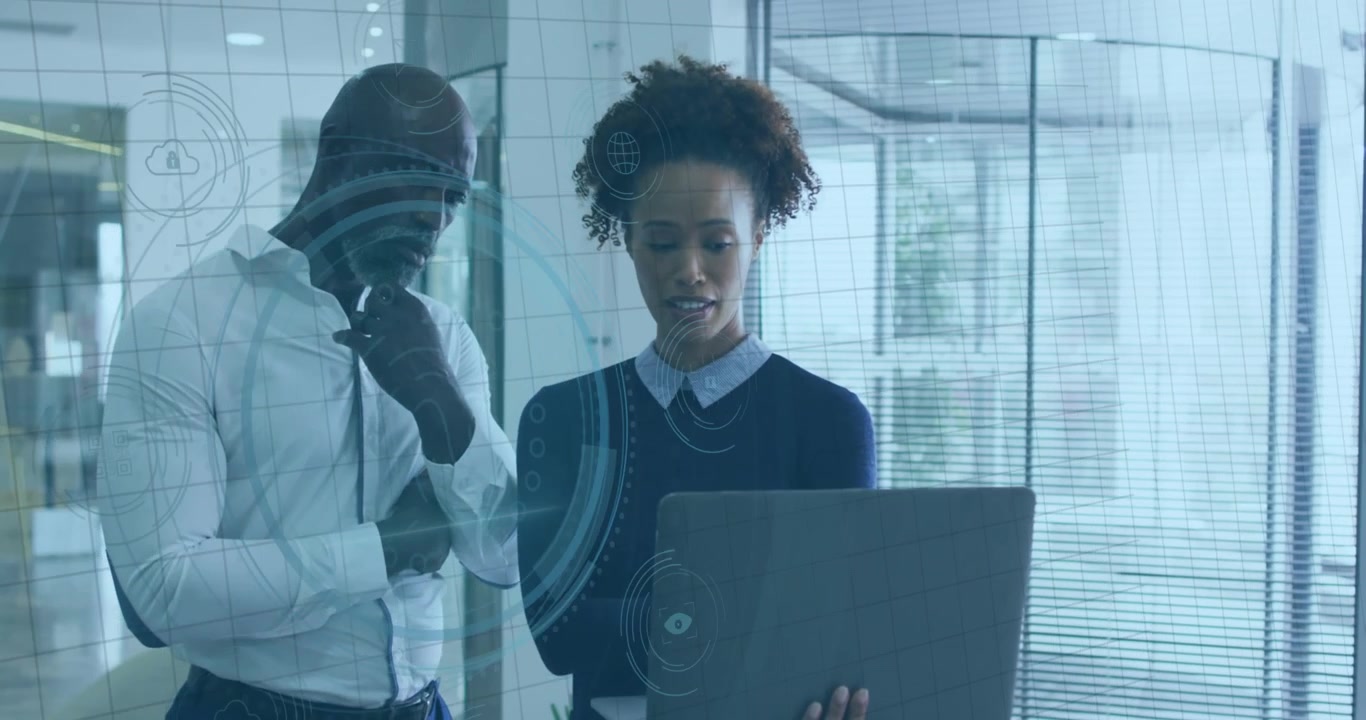 Animation of financial data processing over businessman using tablet