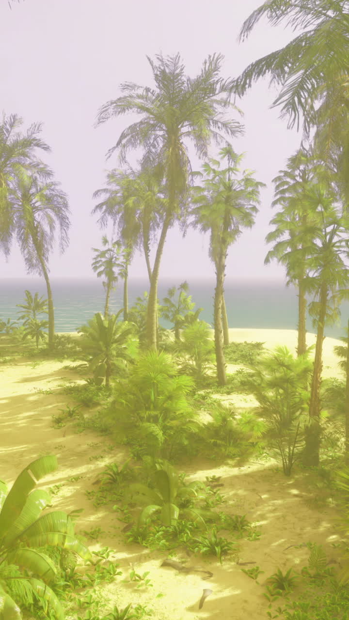 Tropical paradise with palm trees and serene beach at dusk