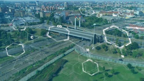 animación de estructuras químicas y procesamiento de datos sobre una vista aérea del paisaje urbano