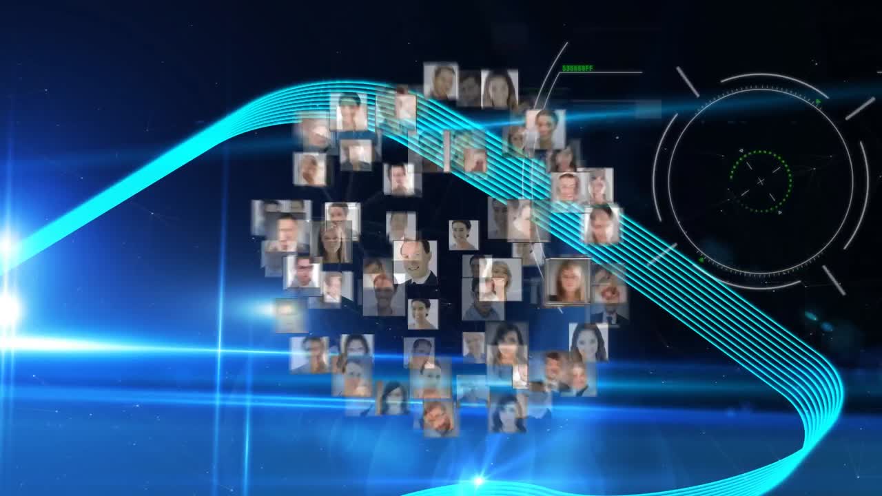 scope-scan über den globus von profil-icons gegen lichtspuren und lichtpunkte auf blauem hintergrund