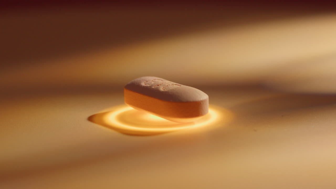 macro close up of vitamin antibiotics drugs pill isolated rotate with golden light energy healinghealthcare, pharmaceutical industry, drug use