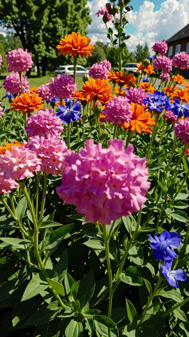 Vibrant flowers in full bloom captured from a low-angle, showcasing vivid colors and lush greenery