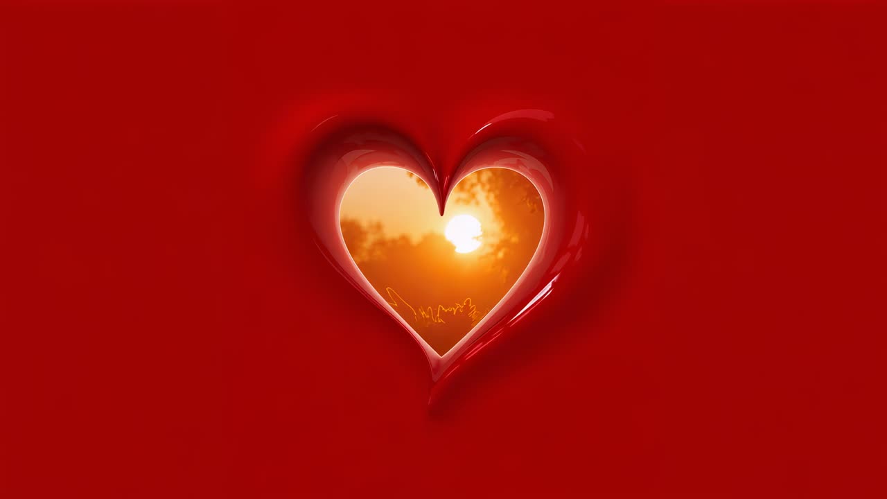 Il sole che si sposta illumina un cuore rosso lucido ritagliato al tramonto, retroilluminando l'erba e con un alone sul bordo