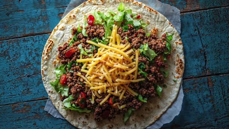 beef burrito with cheese, lettuce, and tomatoes